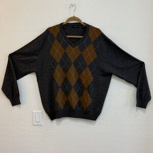 Men's Argyle Sweater - Linea Russo Charcoal,  Brown and white strip plaid